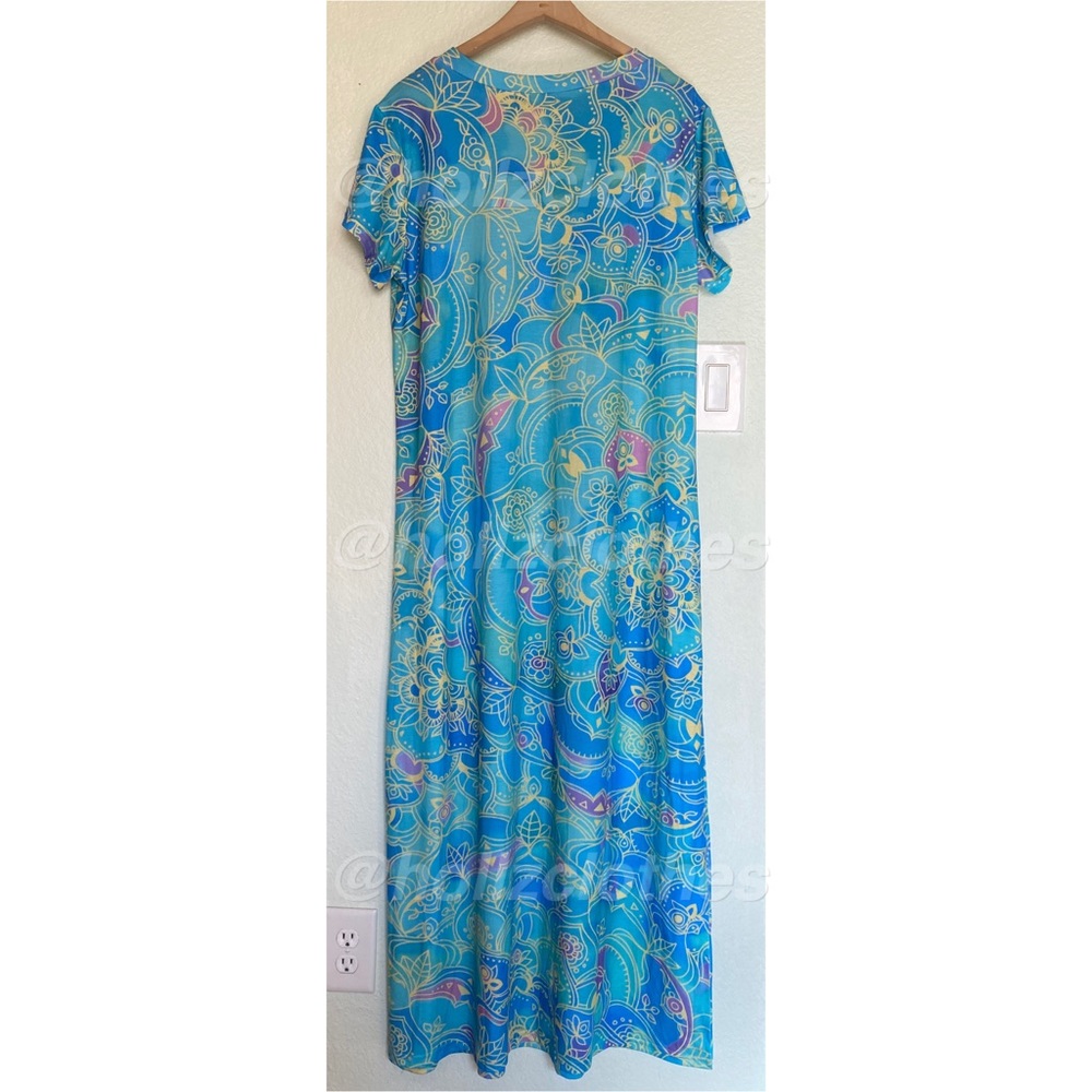 Beachy Tropical Summer Floral Blue Maxi Dress Size L - Picture 6 of 8